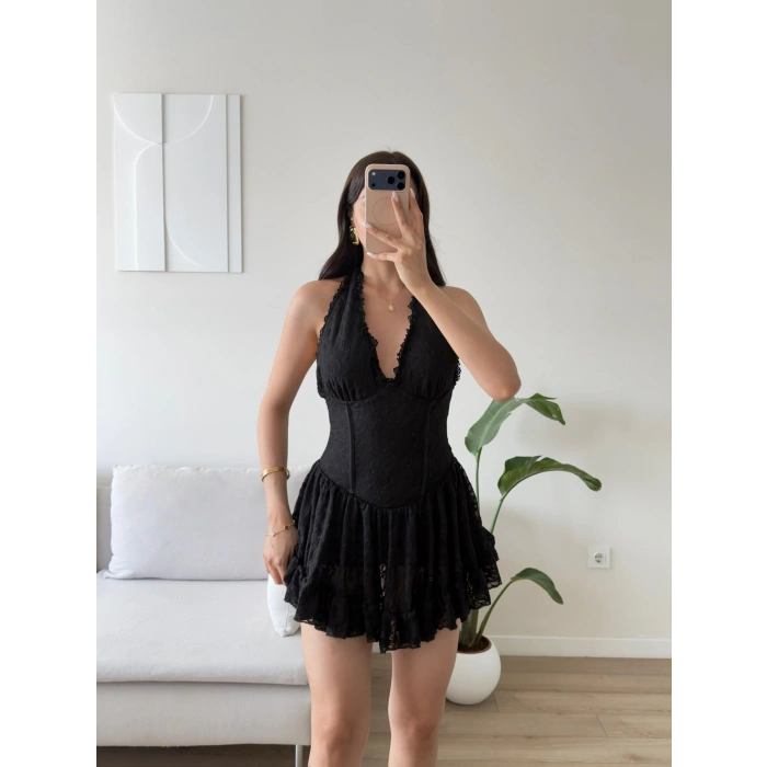 Halter Dantel Korseli Mini Elbise - SİYAH