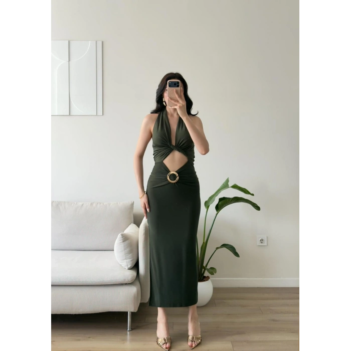 Halter Göbek Pencere Aksesuar Elbise - HAKİ