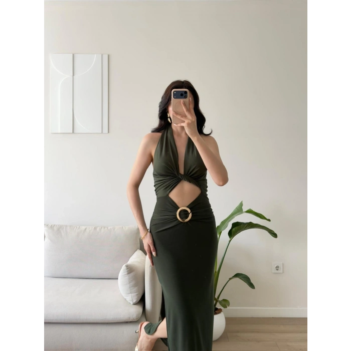 Halter Göbek Pencere Aksesuar Elbise - HAKİ