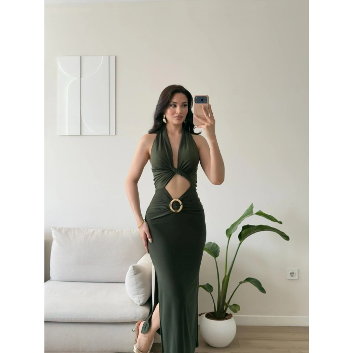 Halter Göbek Pencere Aksesuar Elbise - HAKİ