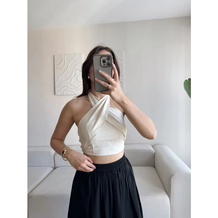 Halter Kruvaze Crop - BEJ