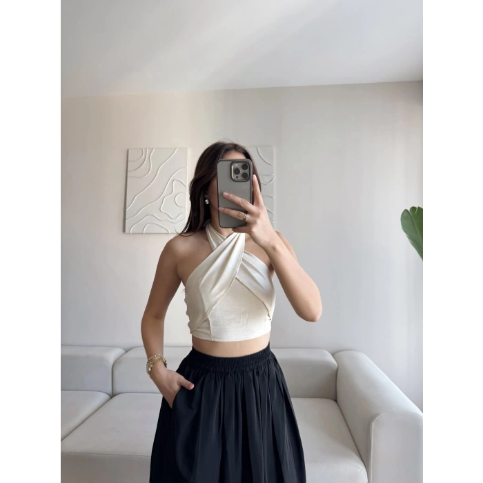 Halter Kruvaze Crop - BEJ