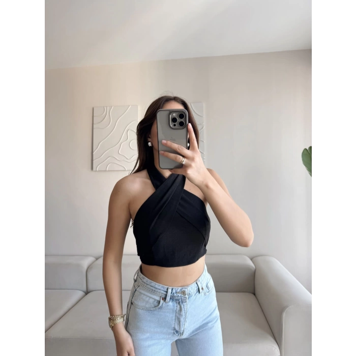 Halter Kruvaze Crop - SİYAH