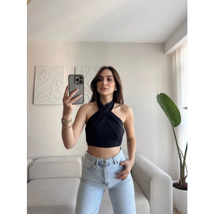 Halter Kruvaze Crop - SİYAH