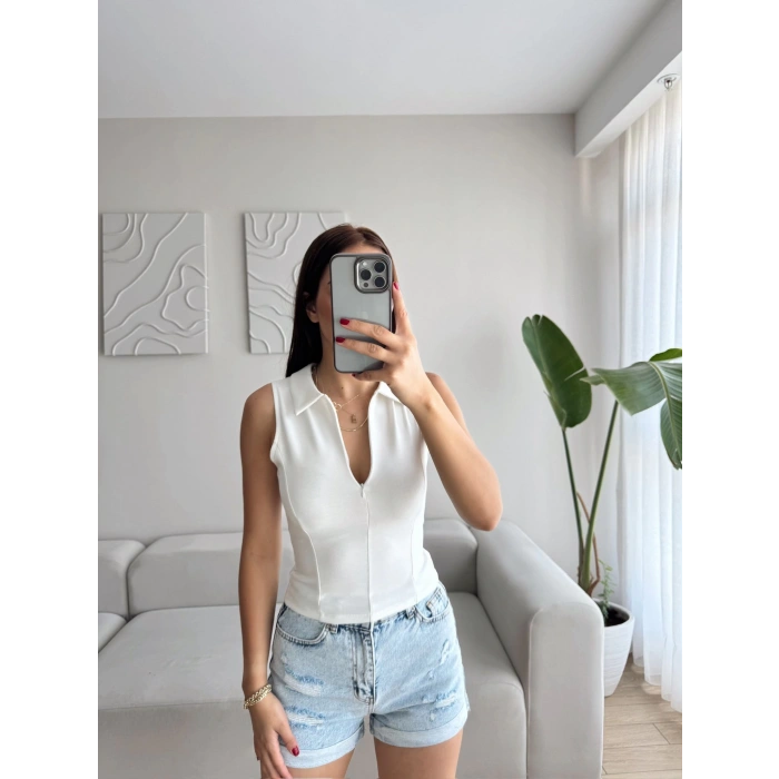 Halter Polo Yaka Fermuar Crop - BEYAZ