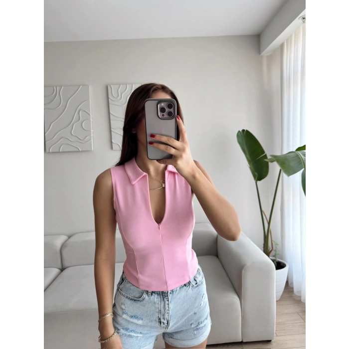 Halter Polo Yaka Fermuar Crop - PEMBE