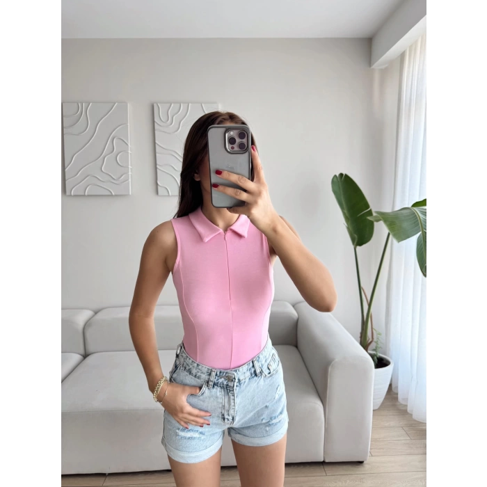 Halter Polo Yaka Fermuar Crop - PEMBE