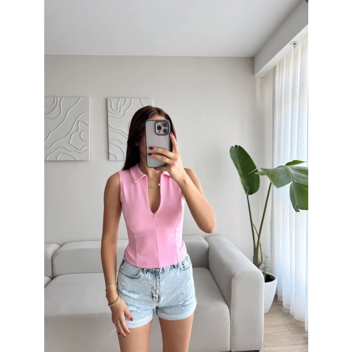 Halter Polo Yaka Fermuar Crop - PEMBE