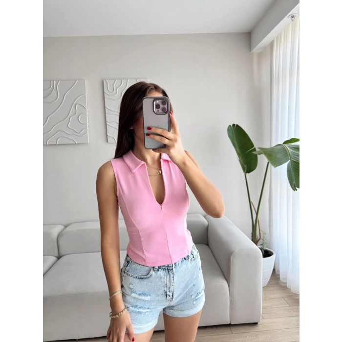 Halter Polo Yaka Fermuar Crop - PEMBE