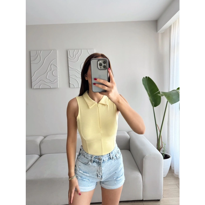 Halter Polo Yaka Fermuar Crop - SARI