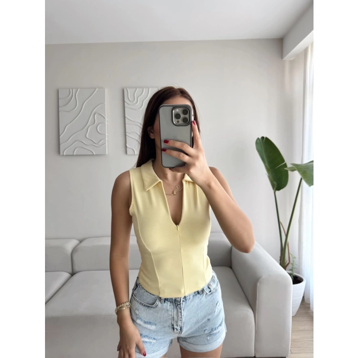 Halter Polo Yaka Fermuar Crop - SARI
