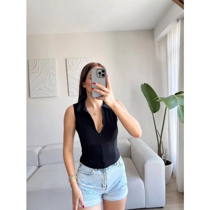 Halter Polo Yaka Fermuar Crop - SİYAH