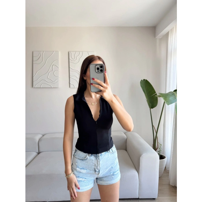 Halter Polo Yaka Fermuar Crop - SİYAH