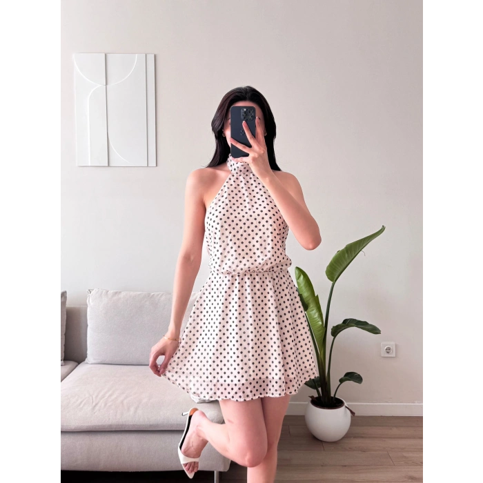 Halter Puantiyeli Mini Elbise - BEYAZ