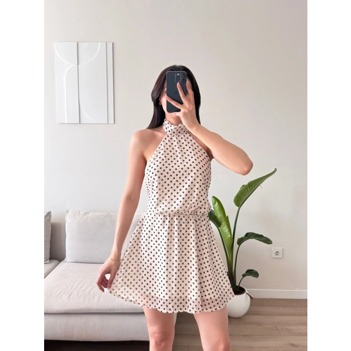 Halter Puantiyeli Mini Elbise - BEYAZ