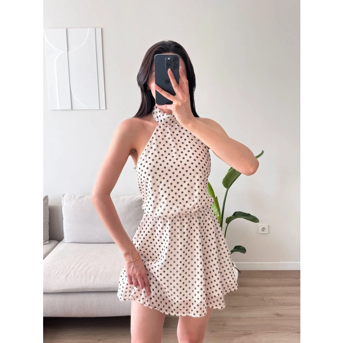 Halter Puantiyeli Mini Elbise - BEYAZ