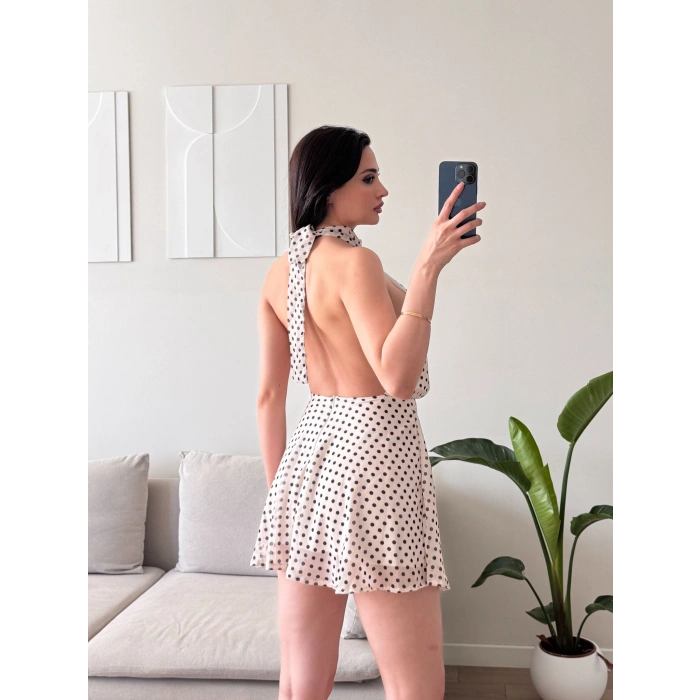 Halter Puantiyeli Mini Elbise - BEYAZ
