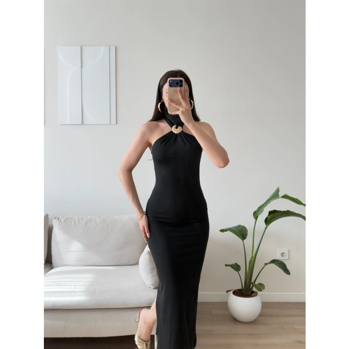 Halter Yaka Aksesuar Elbise - SİYAH
