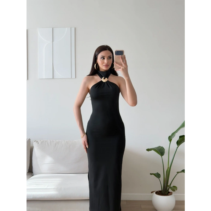 Halter Yaka Aksesuar Elbise - SİYAH