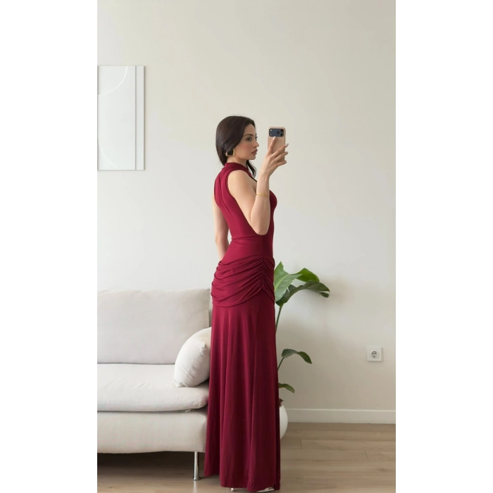 Halter Yaka Bel Drape Yırtmaçlı Elbise - BORDO