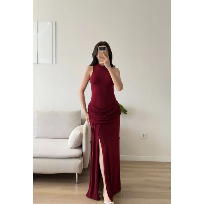 Halter Yaka Bel Drape Yırtmaçlı Elbise - BORDO