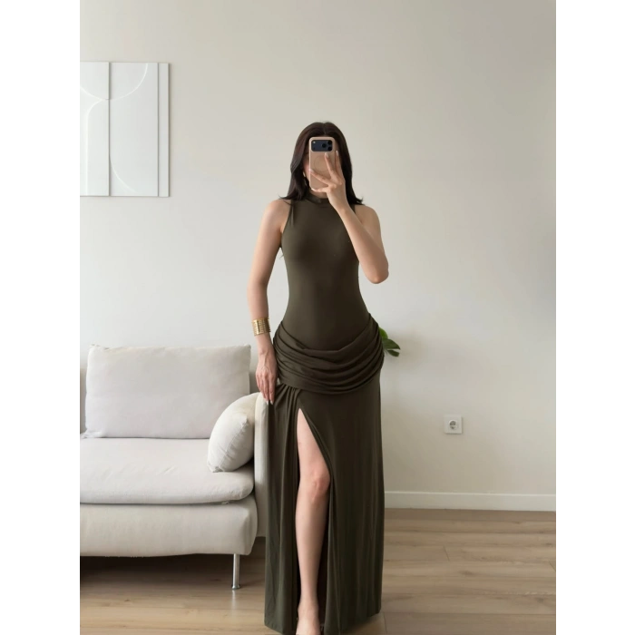 Halter Yaka Bel Drape Yırtmaçlı Elbise - HAKİ