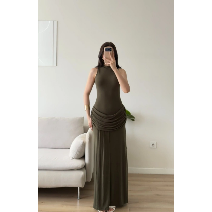 Halter Yaka Bel Drape Yırtmaçlı Elbise - HAKİ