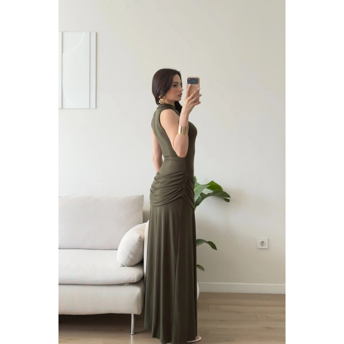 Halter Yaka Bel Drape Yırtmaçlı Elbise - HAKİ