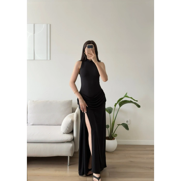 Halter Yaka Bel Drape Yırtmaçlı Elbise - SİYAH