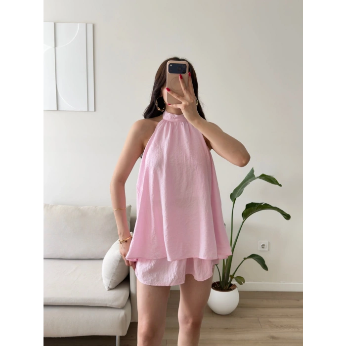 Halter Yaka Etekli Keten Takım - PEMBE