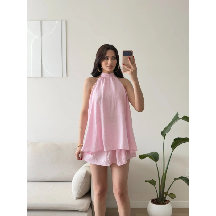 Halter Yaka Etekli Keten Takım - PEMBE