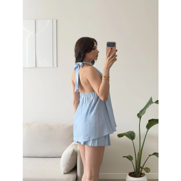 Halter Yaka Etekli Keten Takım - MAVİ