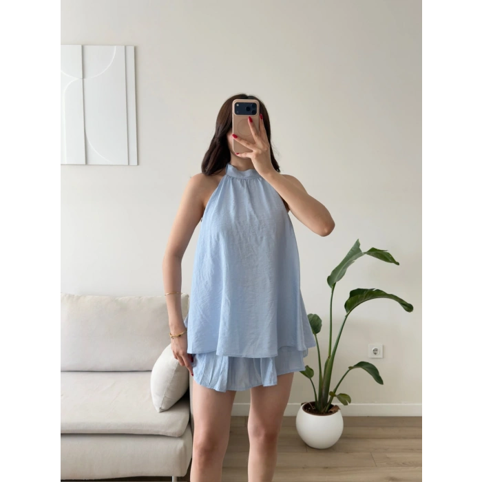 Halter Yaka Etekli Keten Takım - MAVİ