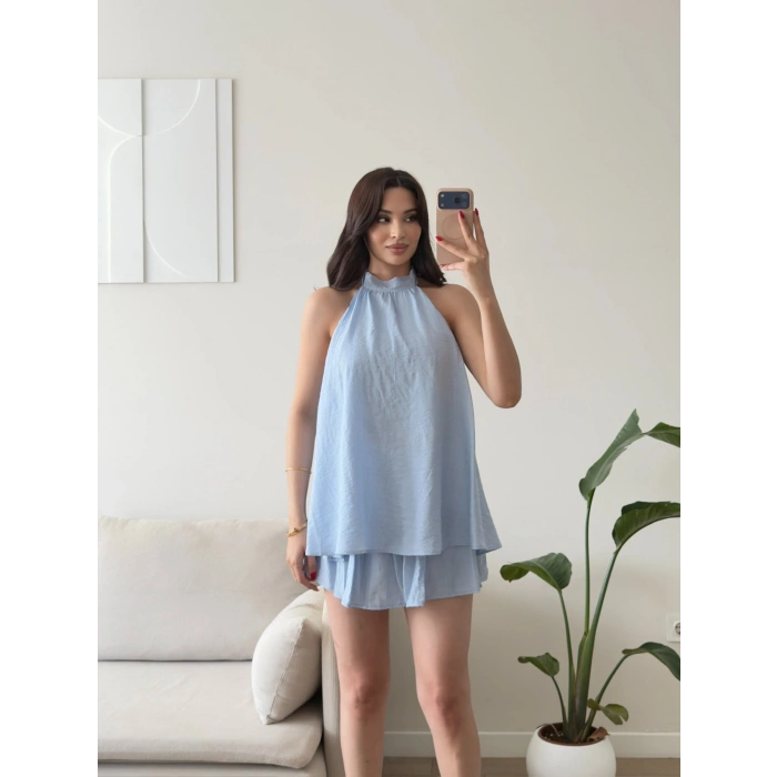 Halter Yaka Etekli Keten Takım - MAVİ