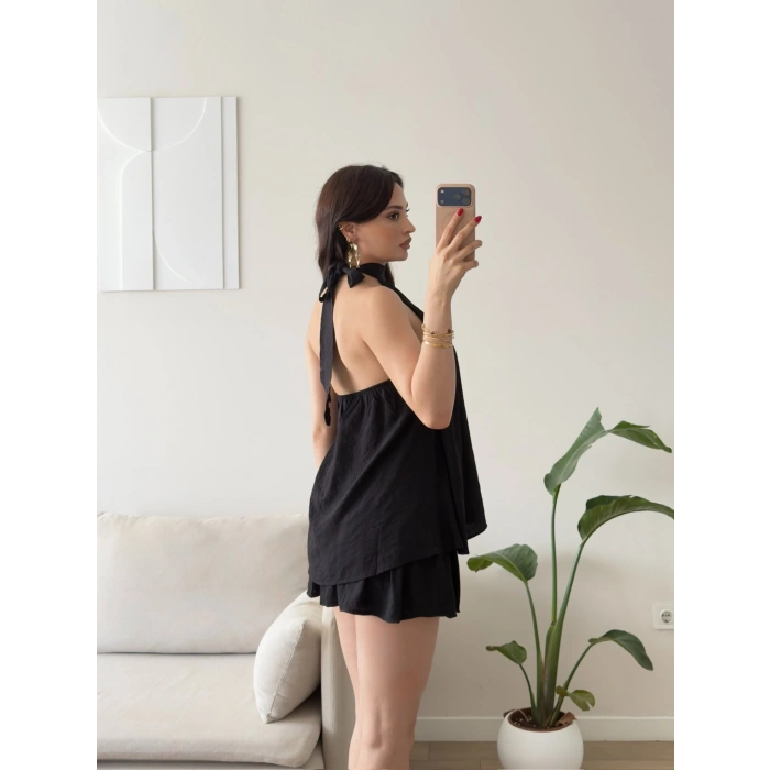 Halter Yaka Etekli Keten Takım - SİYAH