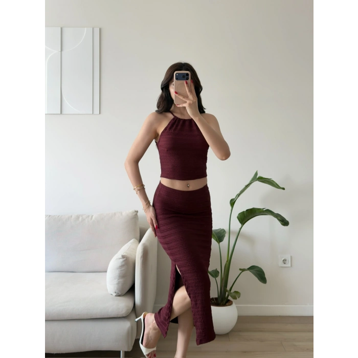 Halter Yaka Etekli Takım - BORDO