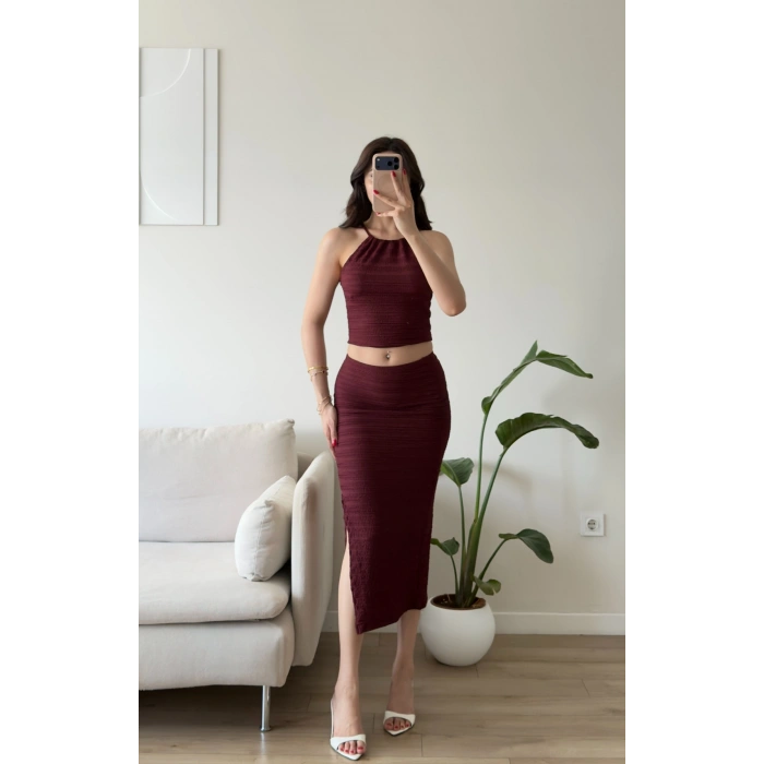 Halter Yaka Etekli Takım - BORDO