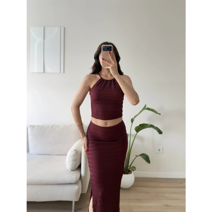 Halter Yaka Etekli Takım - BORDO