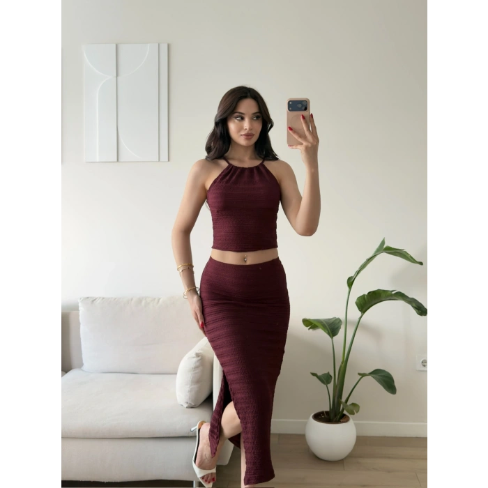 Halter Yaka Etekli Takım - BORDO
