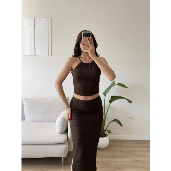 Halter Yaka Etekli Takım - KAHVE