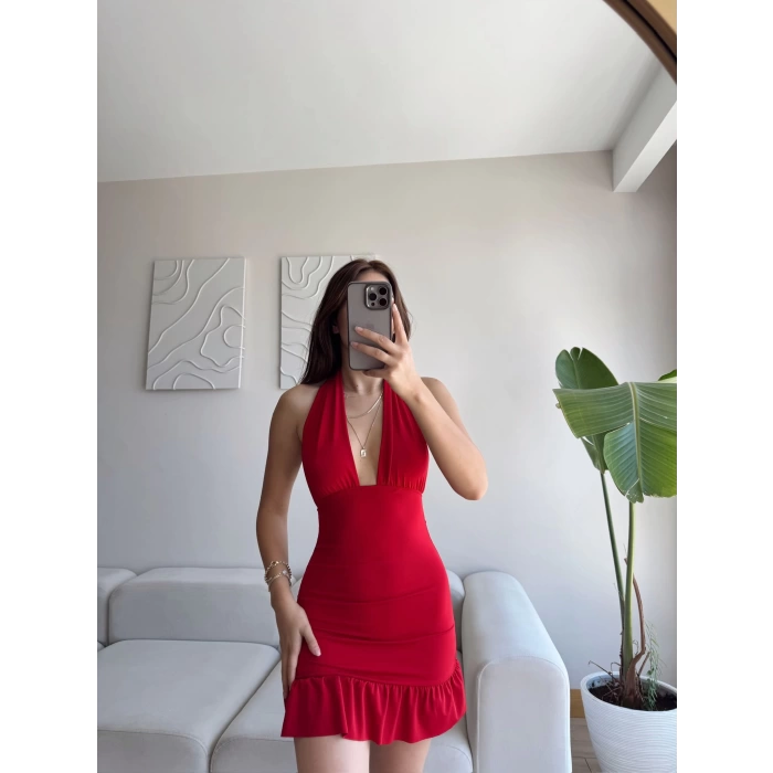 Halter Yaka Fırfırlı Elbise - KIRMIZI