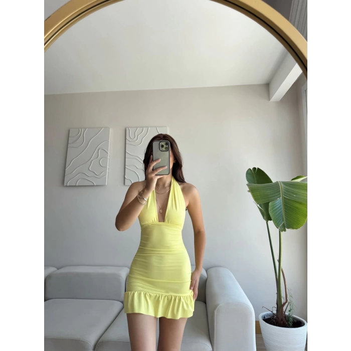 Halter Yaka Fırfırlı Elbise - SARI