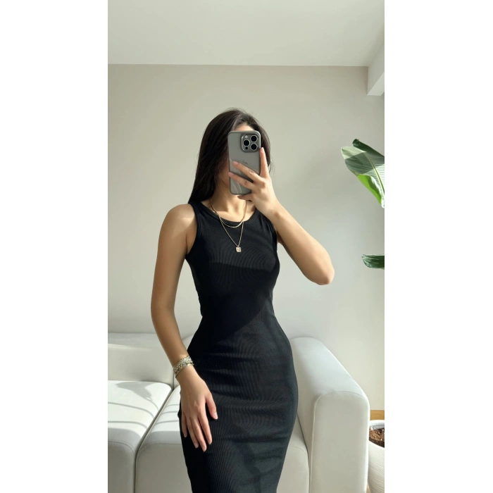 Halter Yaka Kaşkorse Basic Elbise-SİYAH