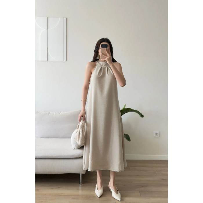 Halter Yaka Keten Elbise - BEJ