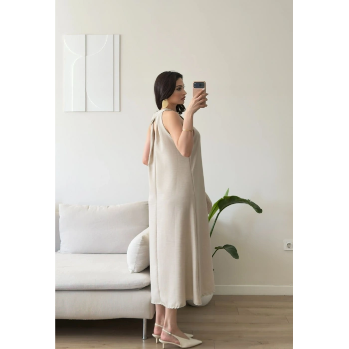 Halter Yaka Keten Elbise - BEJ
