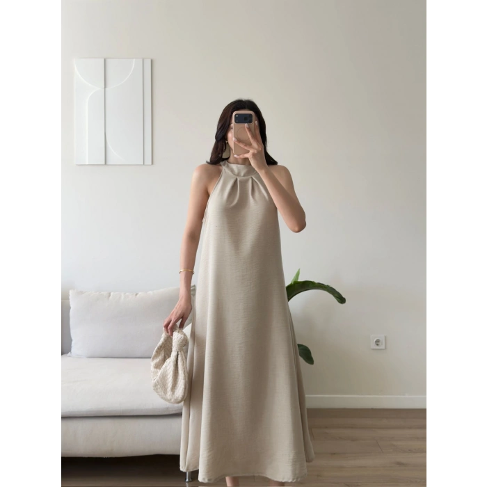 Halter Yaka Keten Elbise - BEJ