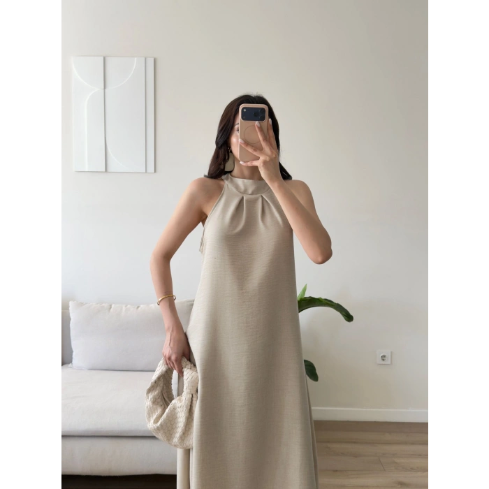 Halter Yaka Keten Elbise - BEJ