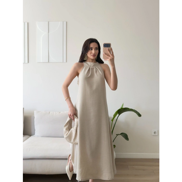 Halter Yaka Keten Elbise - BEJ