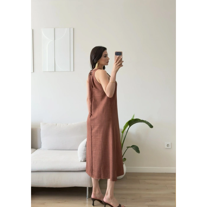 Halter Yaka Keten Elbise - KAHVE