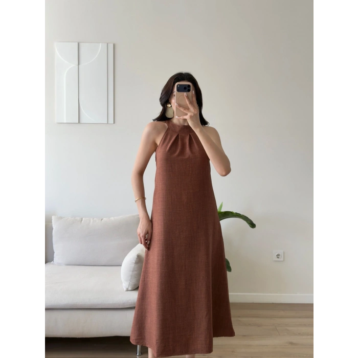 Halter Yaka Keten Elbise - KAHVE